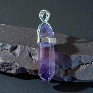 Amethyst Crystal Hexagonal Point Pendant Reiki Chakra Jewelry Silver Tone
